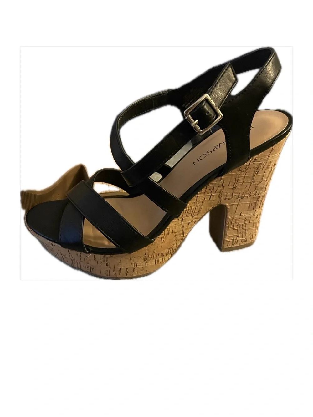 12 Thompson Black Cork Platform Strappy Sandals